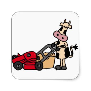 Funny Cow Pushing Red Lawn Mower Cartoon Square Stickers