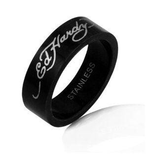 Ed Hardy Black Stainless Steel Silver Script Logo Band Ring: Jewelry