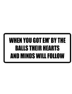 8" wide WHEN YOU GOT EM' BY THE BALLS THEIR HEARTS AND MINDS WILL FOLLOW. Printed funny saying bumper sticker decal for any smooth surface such as windows bumpers laptops or any smooth surface.: Everything Else