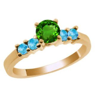 0.82 Ct Round Green Chrome Diopside Swiss Blue Topaz 14K Yellow Gold Ring Jewelry