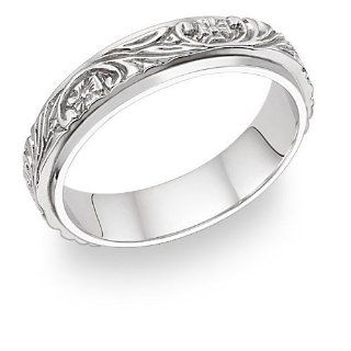 Floral Vine Design 14K White Gold Wedding Band Ring: Jewelry