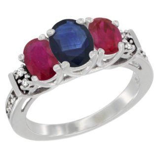 10K White Gold Natural Blue Sapphire & Enhanced Ruby Ring 3 Stone Oval Diamond Accent: Jewelry