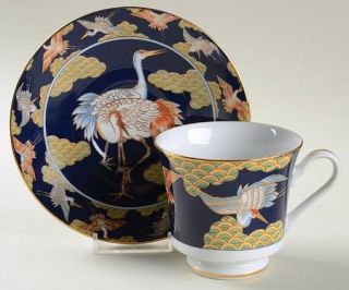 Arita Golden Sagi Footed Cup & Saucer Set, Fine China Dinnerware   Blue Backgrou