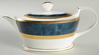 Noritake Mendelson Teapot & Lid, Fine China Dinnerware   Blue Marble Border, Gol