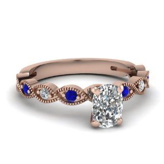 Milgrain Engagement Ring 1.25 Ct Cushion Cut SI1 H Diamond & Round Blue Sapphire 14K GIA: Jewelry