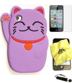Bukit Cell  PURPLE 3D CUTE LUCKY CAT Soft Silicone Skin Case Cover for iPod Touch 4 4G 4th Generation + BUKIT CELL Trademark Lint Cleaning Cloth + Screen Protector + METALLIC Touch Screen STYLUS PEN with Anti Dust Plug [bundle   4 items: case, cloth, styl