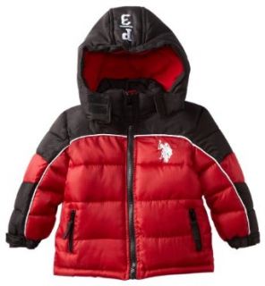 U.S. Polo Association Baby Boys Infant Bubble Jacket with Honeycomb Faille Shell, Barn Red/Black/White, 18 Months: Clothing