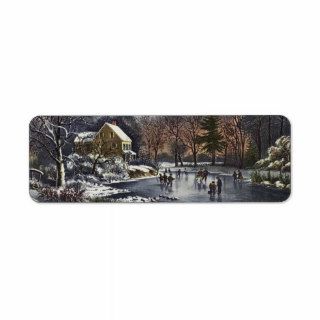 Vintage Christmas, Early Winter, Skaters on Pond Custom Return Address Label