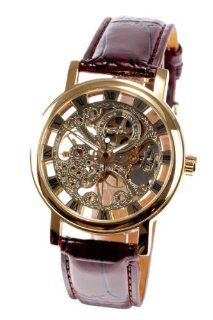 Leather Wrist Watch Skeleton Automatic Watch Gold Brown No.449: Everything Else