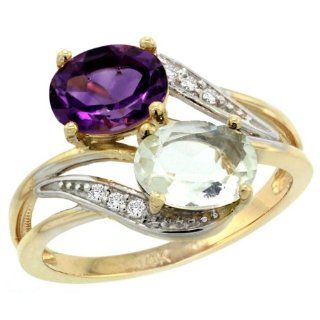 14k Yellow Gold Purple & Green Amethyst 2 stone Mother's Ring Oval 8x6mm Diamond Accents, 3/4 inch wide, sizes 5   10: Jewelry