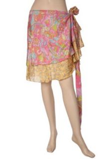 Designer Silk Wrap Around Short Skirt Traditional Floral Printed Work: Clothing