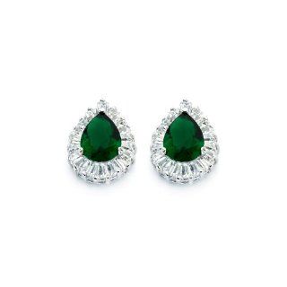 .925 Sterling Silver Pear Cut Green Emerald Cubic Zirconia CZ Center with Baguette Cut CZ Designer Push Back Earrings: Forever Flawless Jewelry: Jewelry