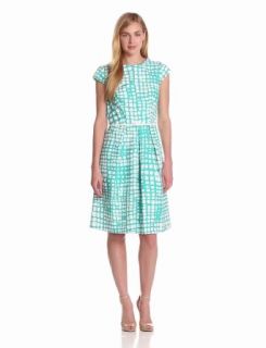 Jones New York Women's Printed Belted Dress, Ivory/Indian Turquoise, 6