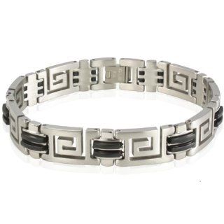 Men's Stainless Steel 13mm Greek Key Rubber Link Bracelet 9" Dahlia Jewelry