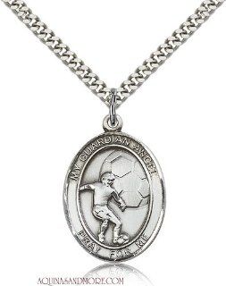Guardian Angel Soccer Large Sterling Silver Medal: Chain Necklaces: Jewelry