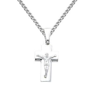 14K White Gold Jesus Cross Religious Charm Pendant with White Gold 1.7mm Flat Open wheat Chain Necklace with Lobster Claw Clasp   Pendant Necklace Combination (Different Chain Lengths Available): The World Jewelry Center: Jewelry