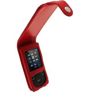 iGadgitz Red Leather Flip Case Cover for Sony Walkman NWZ E473 NWZ E474 NWZ E574 NWZ E575 E Series Video MP3 Player 4gb 8gb 16gb (NWZ E474B, NWZ E574B, NWZ E575B, NWZ E473K) : Sony Walkman Case With Clip : MP3 Players & Accessories