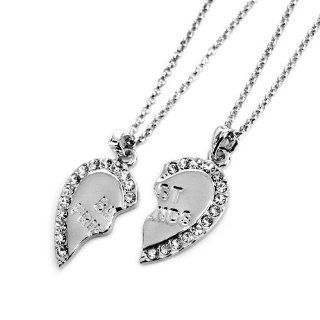 Best Friends Necklace Set; 18"L Chain And 1.5"L Pendant; Set Of 2; Silver Tone Metal; Clear Rhinestones; Lobster Clasp Closure;: Jewelry