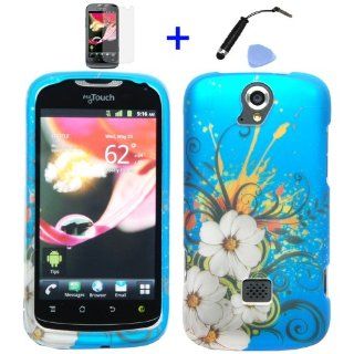 4 items Combo: Mini Stylus Pen + LCD Screen Protector Film + Case Opener + Blue White Hawaiian Flower Green Vine Design Rubberized Snap on Hard Shell Cover Faceplate Skin Phone Case for T Mobile myTouch Q (Huawei version myTouch Q / U8730): Cell Phones &am