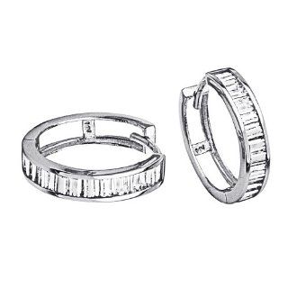 14K White Gold 4mm Thickness Baguette CZ Channel Set Large Polished Hoop Huggies Earrings (0.6" or 15mm): Goldenmine: Jewelry