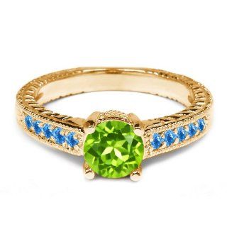1.10 Ct Round Green Peridot Swiss Blue Topaz 18K Yellow Gold Engagement Ring: Jewelry
