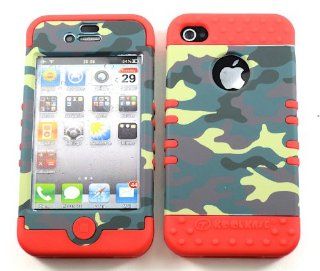 3 IN 1 HYBRID SILICONE COVER FOR APPLE IPHONE 4 4S HARD CASE SOFT RED RUBBER SKIN CAMO RD TE488 KOOL KASE ROCKER CELL PHONE ACCESSORY EXCLUSIVE BY MANDMWIRELESS: Cell Phones & Accessories