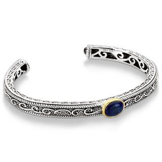 Cabochon Lapis and Blue Sapphire Cuff Bracelet For Women Sterling Silver (1.68t): Allurez: Jewelry