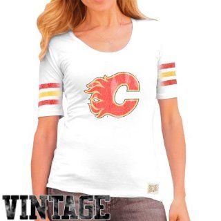 Original Retro Brand Calgary Flames Ladies 3 Stripe Primary Logo Scoop T Shirt   White : Sports Fan Apparel : Sports & Outdoors