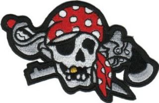 Pirate Skull   Skull with Bandana, Gun and Sword  Embroidered Iron On or Sew On Patch: Clothing