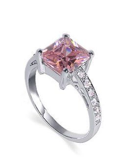 Sterling Silver 10mm Princess Cut Pink Cubic Zirconia Polish Finish 2mm Band Ring Size 5, 6, 7, 8, 9, 10: Jewelry