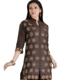 Women Cotton Ariya Embroidered Tunic Top / Blouse Shirt in Brown Evening Blouses