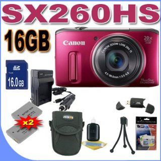 Canon PowerShot SX260HS SX260 HS 12.1 MP CMOS Digital Camera with 20x Image Stabilized Zoom 25mm Wide Angle Optical Lens and 1080p HD Video (Red) Premium Bundle 16 GB Memory Card, Two NB6L Battery, Battery Charger, Card Reader, Carrying Case, Mini Tripod A
