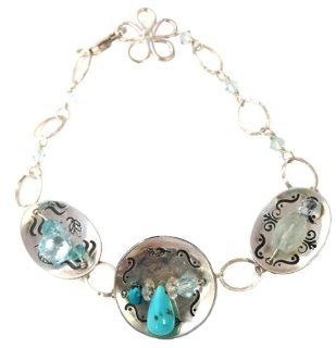 Bracelet, Hand Dapped & Stamped Sterling Silver, Turquoise Aquamarine: Jewelry