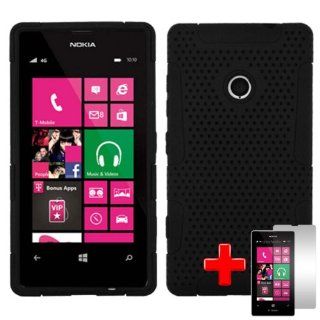 Nokia Lumia 521 (T Mobile) 2 Piece Silicon Soft Skin Perforated Hard Plastic Spot Case Cover, Black + LCD Clear Screen Saver Protector: Cell Phones & Accessories