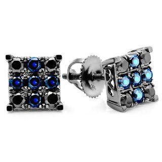 1.00 Carat (ctw) 10k White Gold Round Blue Sapphire & Black Diamond Men's Square Shaped Stud Earrings 1 CT: Jewelry