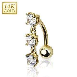 14 Karat Solid Yellow Gold Top Down TrPlatedle CZ Stones Dangle Navel Belly Button Ring   14GA 3/8" Long West Coast Jewelry Jewelry