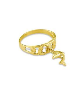 Women's 14k Solid Yellow Gold Dangle Dolphin Charm Ring: Jewelry