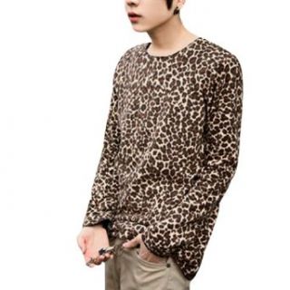 Men Leopard Prints Round Neck Long Sleeve Shirt Black Brown S at  Mens Clothing store