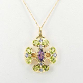 14K Yellow Gold Multicolored Gemstone Fancy Cross Charm: Jewelry