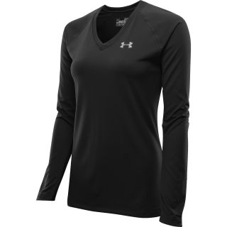 UNDER ARMOUR Womens Tech V Neck Long Sleeve T Shirt   Size Large, Black/silver