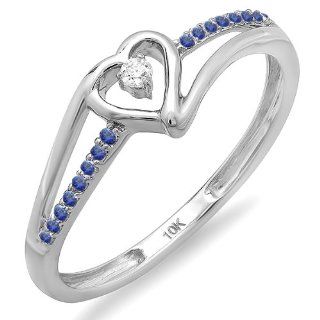 0.10 Carat (ctw) 10k White Gold Round Blue Sapphire And White Diamond Ladies Bridal Promise Heart Split Shank Engagement Ring 1/10 CT Jewelry