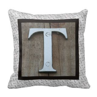 T initial Last First Name Rustic Steel Pillow