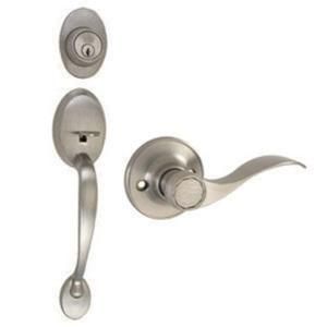 Design House Coventry Satin Nickel Handleset with Springdale Interior Lever and Single Cylinder Deadbolt 700682