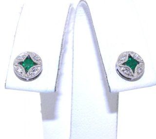 14K White Gold Diamond and Emerald Stud Earrings: Dangle Earrings: Jewelry
