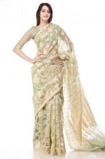 Chhabra 555 Womens Forest Green Net Saree One Size: Clothing