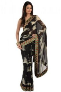 Chhabra 555 Womens Black Printed Embroidery Saree One Size: Clothing