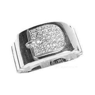 14k White Gold, Fancy Belt Buckle Design Dressy Ring with Sparkly Created Gems: Jewelry