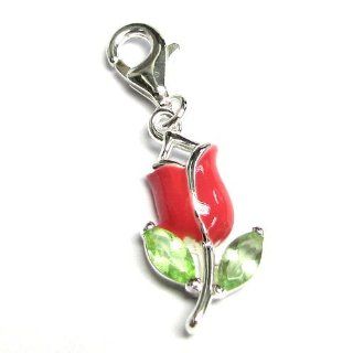 Sterling Silver Pink Rose Enamel Flower Green Cz Dangle Bead European Clip On Charm Pendant W/ Lobster Clasp: Jewelry