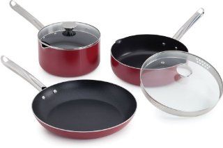 WearEver A827S564 Cook and Strain Nonstick Stainless Steel Handle Red Metallic Exterior 5 Piece Entree Cookware Set, Red T Fal Cook Strain Kitchen & Dining
