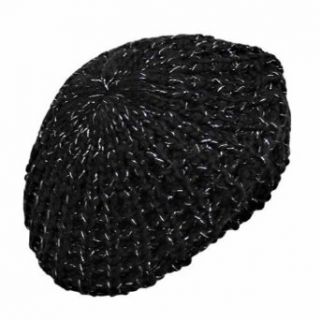 Luxury Divas Thick Chunk Black Knit Metallic Beret Tami Cap Hat